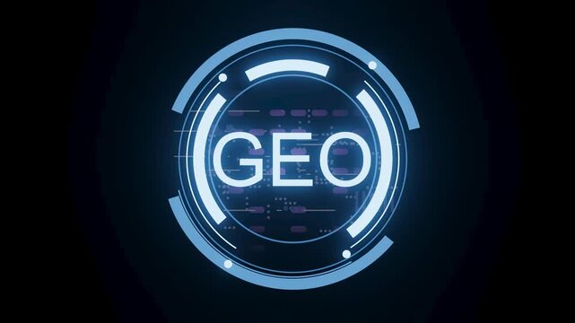 The word GEO in a circular logo with glowing elements. The background is dark with digital patterns and lines, creating a tech vibe.