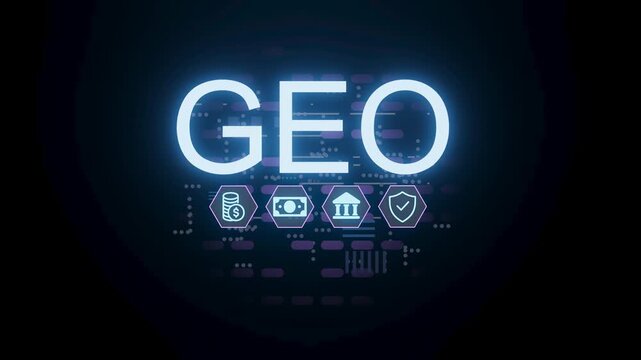 GEO technology is shown with glowing text and symbols related to finance, data security, and management. The scene has a digital theme that highlights modern technology.