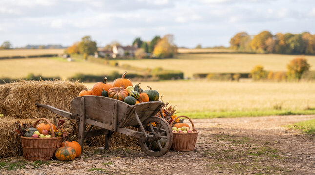 Combine harvester working in a golden wheat field during autumn harvest season
