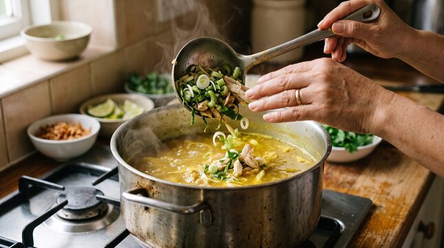 Fresh ingredients added to simmering Indonesian soto broth, capturing an authentic cooking process for recipes, culinary education, and food media.