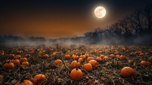 Spooky halloween pumpkin patch under a full moon with a haunted castle background