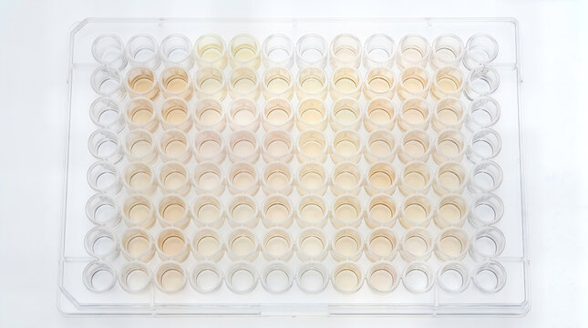 Standard 96 well microplate filled with yellow liquid samples for laboratory