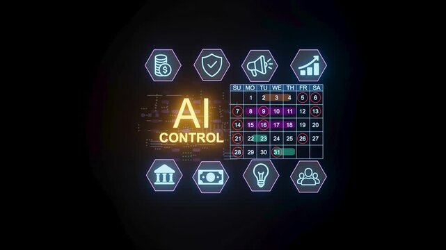 The scene shows a digital control panel for AI, featuring a calendar and several icons related to tasks. It highlights days of the week and key activities.