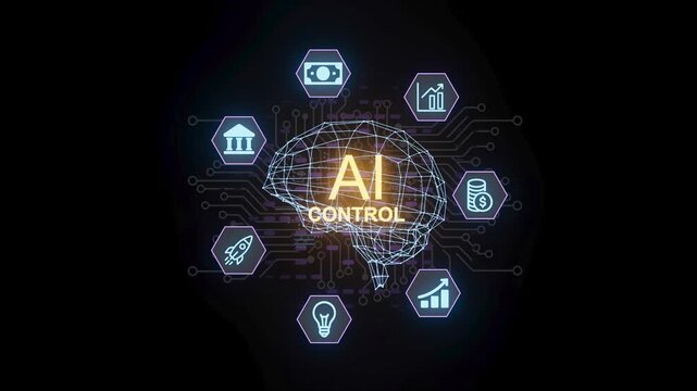 A digital brain graphic shows the concept of AI control with various icons representing finance, innovation, and technology surrounding it. This setup highlights the role of AI.