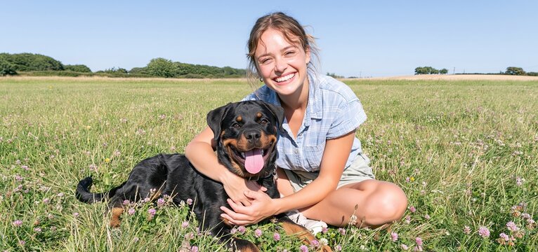 In a peaceful countryside field, a smiling young woman enjoys time with her devoted Rottweiler.
