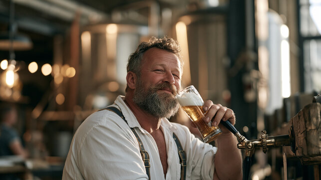 Oktoberfest master brewer tasting fresh lager directly from the barrel tap at a cluttered knotted-wood workbench, warm amber indoor lighting, fermentation tanks gleaming behind,