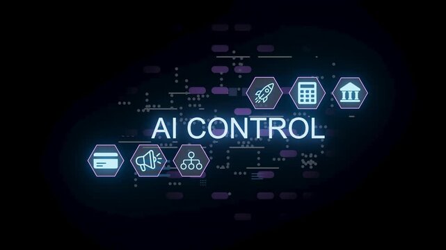 Digital icons representing AI control in technology. The icons include a rocket, data table, and a bank symbol. They highlight aspects of modern technology use and management.