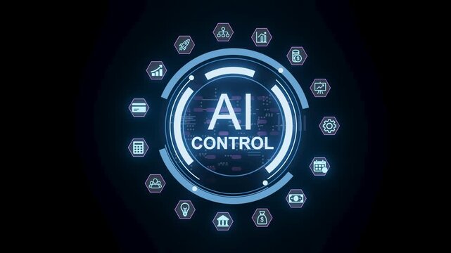 A digital control panel shows various icons related to AI management. This setup highlights features like data analysis, automation, and financial tools. The design appears modern and structured.