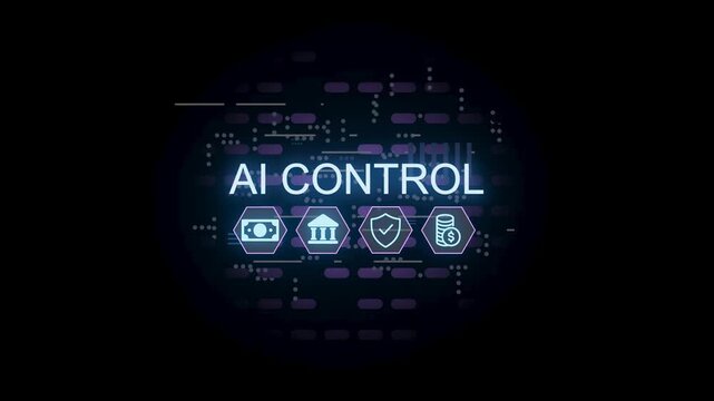 Text that reads AI control is shown with graphic symbols on a dark background. The symbols include money, a shield, and other icons. This may relate to technology themes.