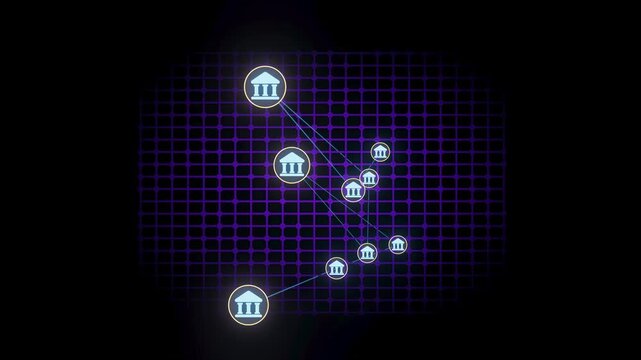 Several bank icons are shown connected by lines on a grid background. The design highlights a digital network. This setup suggests financial connections or transactions.