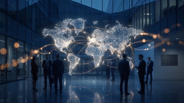 Luminous world map composed of light nodes with glowing connecting lines in a modern office lobby with silhouettes of business people walking in the background