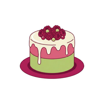 Cartoon cake with cream dripping and raspberries on plate on transparent background. Sweet dessert illustration for bakery menu, birthday celebration, greeting card and pastry shop design
