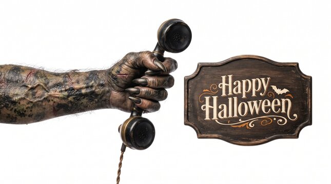 Spooky zombie hand holding vintage telephone with happy halloween sign nearby