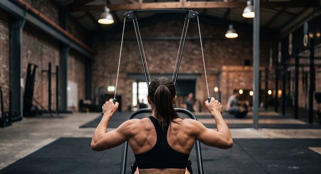 Athletic Woman Training on SkiErg Machine in Gym