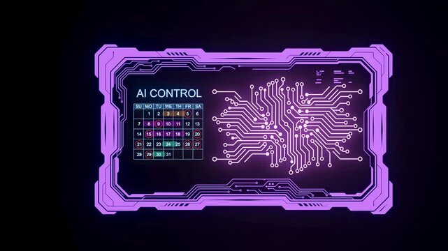 A digital interface shows the words AI control along with a calendar and circuit patterns. The background is dark, emphasizing the bright colors of the display.