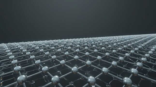 Molecular lattice structure represents nanotechnology concepts on a dark background.
