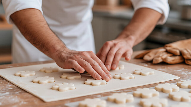 Food processing worker stretches before a long shift beside worn leather gloves in a minimalist studio close-up of hands pressing paw-shaped molds for a large batch of pet party