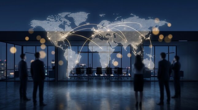 Silhouettes of business team looking at glowing digital world map data visualization in dark modern office with panoramic city lights in background