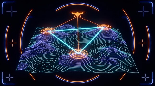 Geospatial tactical triangulation interface calculating centroid coordinates between three mountain summit target beacons on 3d elevation mesh with drone surveillance telemetry guidance