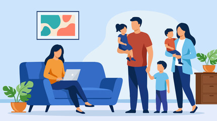 Obraz premium Family at home, mother working remotely on laptop, father with children