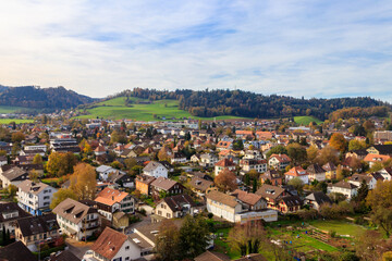 Fototapeta premium Aerial autumn view of Burgdorf town in Bern canton, Switzerland