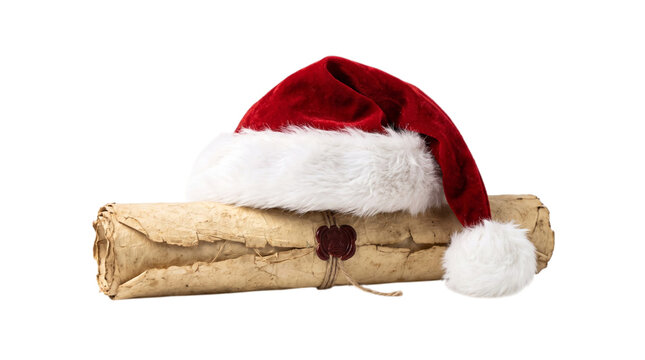 Santa hat resting on rolled parchment scroll with red seal isolated on transparent background