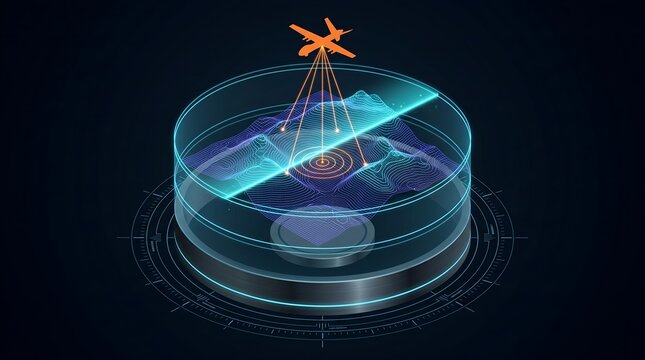 Holographic cylindrical 3d topographic terrain projection table with tactical drone sensor scanning wireframe mountain elevation mesh and circular coordinate radar target acquisition interface