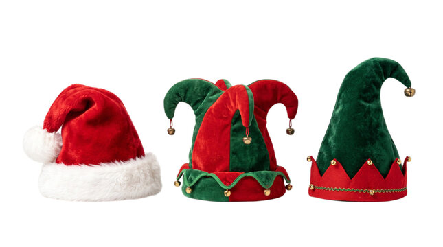 Collection of festive holiday hats including santa and jester styles isolated on transparent background