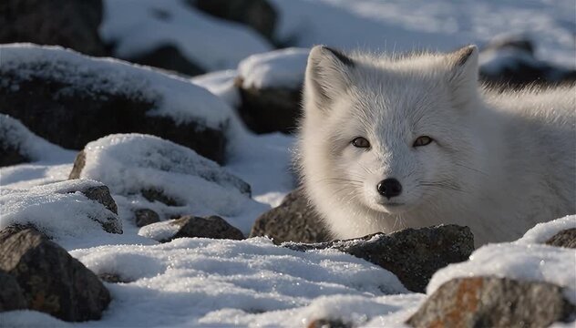 Close up of Arctic fox (vulpes lagopus) in its Natural Habitat winter season, Cairngorm mountains, Scotland.
