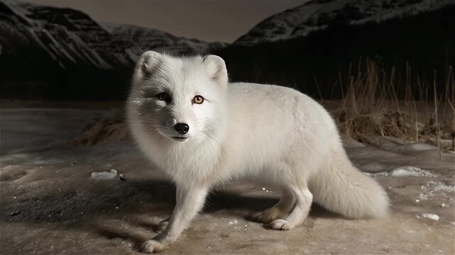 Close up of Arctic fox (vulpes lagopus) in its Natural Habitat winter season, Cairngorm mountains, Scotland.

