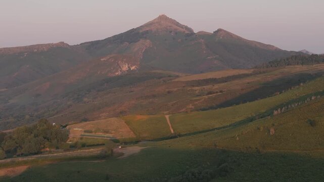 Aerial view of the Basque Country's valley with Larrun mountain at the back.