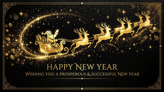 Elegant gold and black happy new year card with flying santa sleigh silhouette