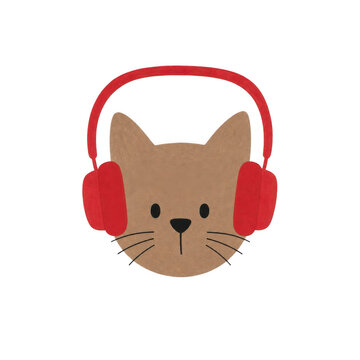 Cute cartoon cat face wearing red headphones on transparent background. Funny listening to music kitten character. Music, podcast and audio entertainment concept for kids design and print.