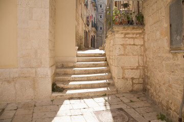 Sunlit stone stairs climb through narrow alley in Giovinazzo old town, Italy. Weathered limestone walls and potted plants create Mediterranean charm for travel and heritage themes. © Grenar