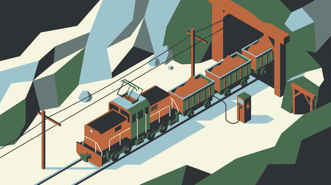 Isometric mine train with cargo cars and charging station illustration