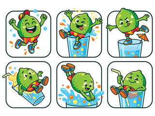 Fototapeta premium Cute Cartoon Lime Fruit Character Collection Featuring Various Happy Poses and Refreshing Summer Activities in Water Glasses