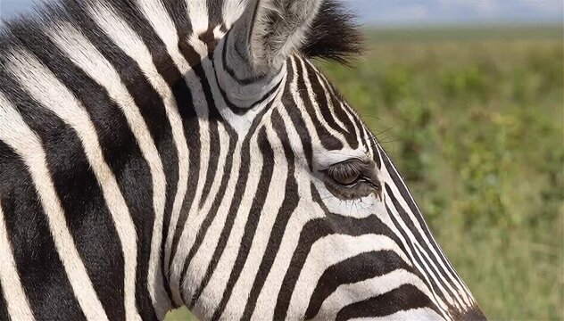 Close up, Black stripes contrast with the white color of the zebra's skin naturally, Masai Mara National Park, Kenya.
