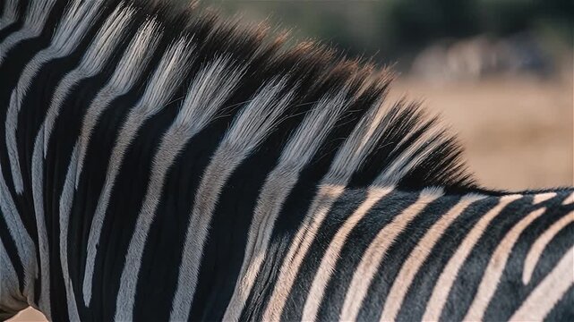 Close up, Black stripes contrast with the white color of the zebra's skin naturally, Masai Mara National Park, Kenya.
