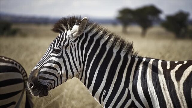 Close up, Black stripes contrast with the white color of the zebra's skin naturally, Masai Mara National Park, Kenya.
