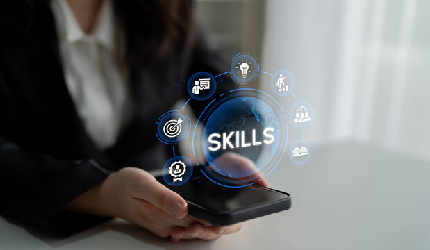 Business Professional with Smart Device Showcasing Digital Skills Concept with Iconography in Modern Workspace Environment. Entropy.