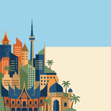 Minimalist Indonesian City Skyline Vector Illustration Featuring Silhouette of Jakarta Skyscrapers, Monas National Monument, and Urban Architecture in a Simple Linear Style for Graphic Design.