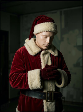 Creepy dark Santa Claus with pale smooth mannequin face standing in shadowy room