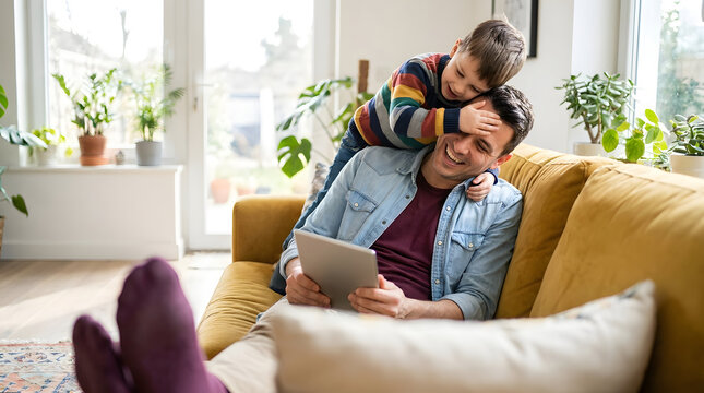 Happy father and little son playing together with digital tablet on yellow sofa in cozy living room at home, cheerful family bonding and leisure time.