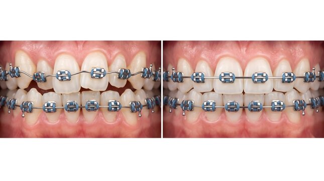 Orthodontic Before and After Comparison Showing Teeth Alignment Progress with Metal Braces