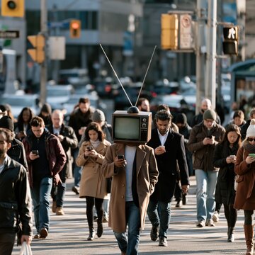Person with television head in a busy urban crowd, depicting media consumption, communication, and digital distraction