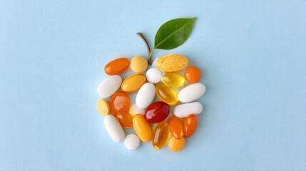 Fototapeta premium Vitamin pills in various colors arranged in apple shape with green leaf on blue background