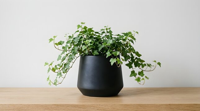 Lush green ivy plant in dark ceramic pot on wooden table for home decor styling