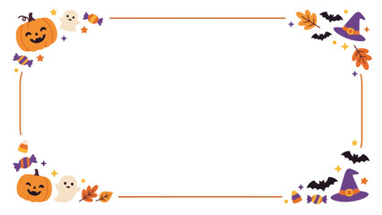 Fototapeta premium Cute Halloween Border with Pumpkins Ghosts and Witch Hats