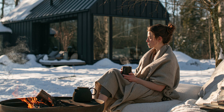 A young woman enjoys a warm beverage outdoors by a fire pit next to a modern cabin during a snowy winter day. She is wrapped in a blanket, looking contemplative as steam rises from her mug
