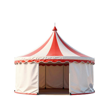 Circular red and white striped circus tent with open entrance on white background
